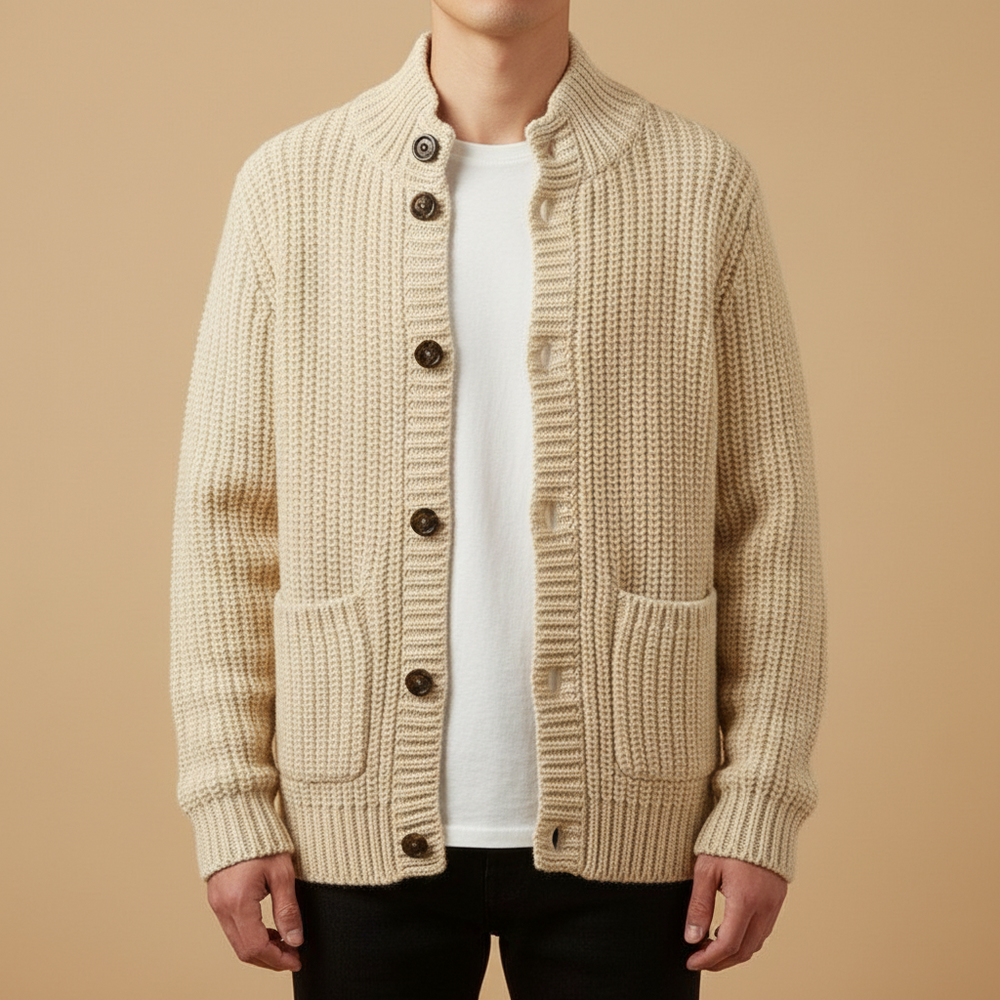 Men's Heavy Rib Cardigan, Stand Shawl Collar and Deep Patch Pockets
