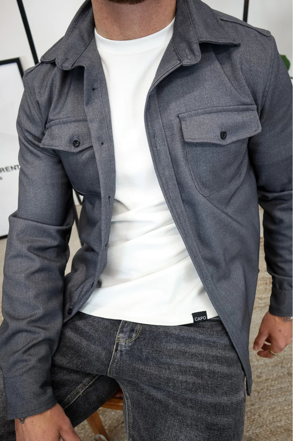 Men's Brushed Woven Overshirt, Two-Pocket Button-Front Shirt Jacket