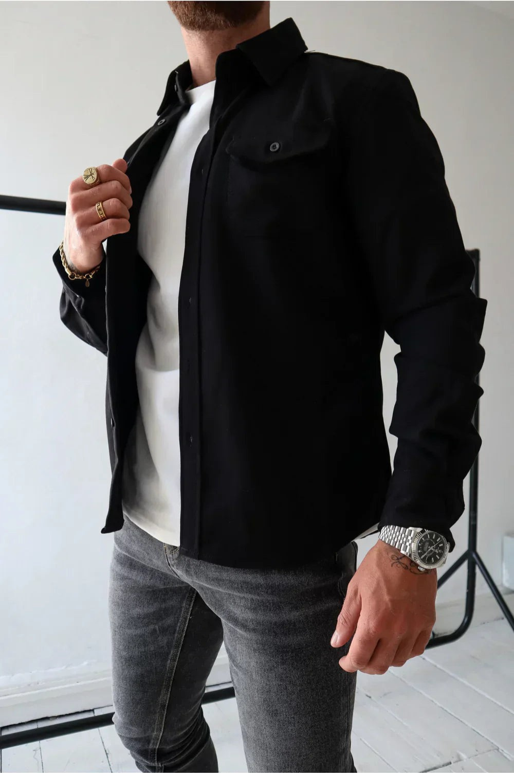 Men's Brushed Woven Overshirt, Two-Pocket Button-Front Shirt Jacket