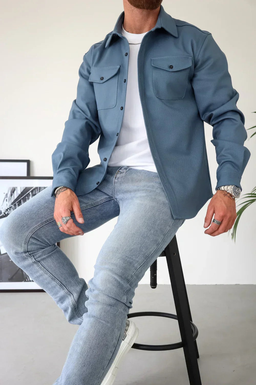 Men's Brushed Woven Overshirt, Two-Pocket Button-Front Shirt Jacket