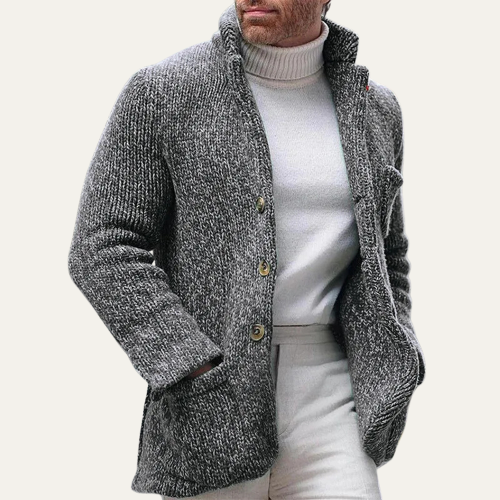 Men's Flecked-Knit Collared Cardigan, Five-Button Patch-Pocket Jacket