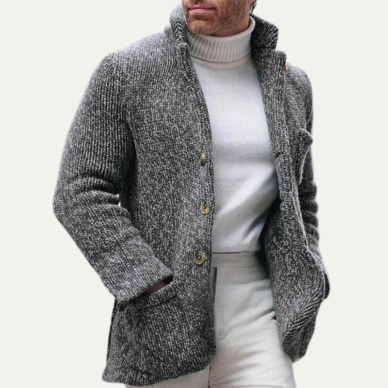 Men's Flecked-Knit Collared Cardigan, Five-Button Patch-Pocket Jacket