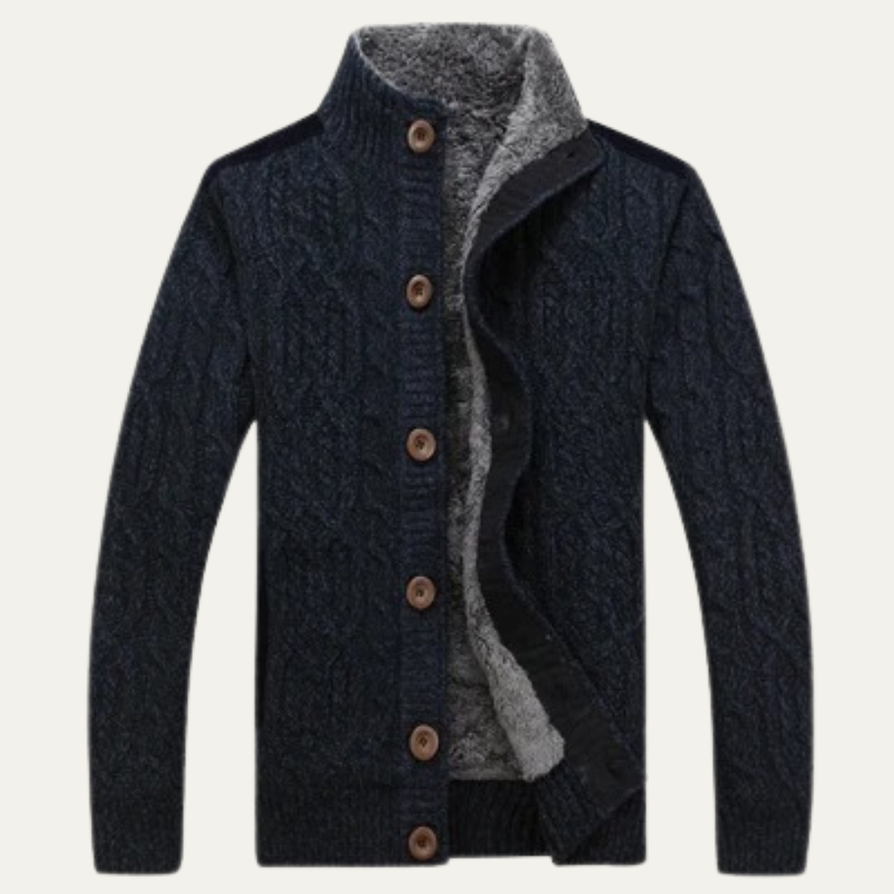 Men's Fleece-Lined Cable-Knit Cardigan, Stand-Collar Button-Through Jacket