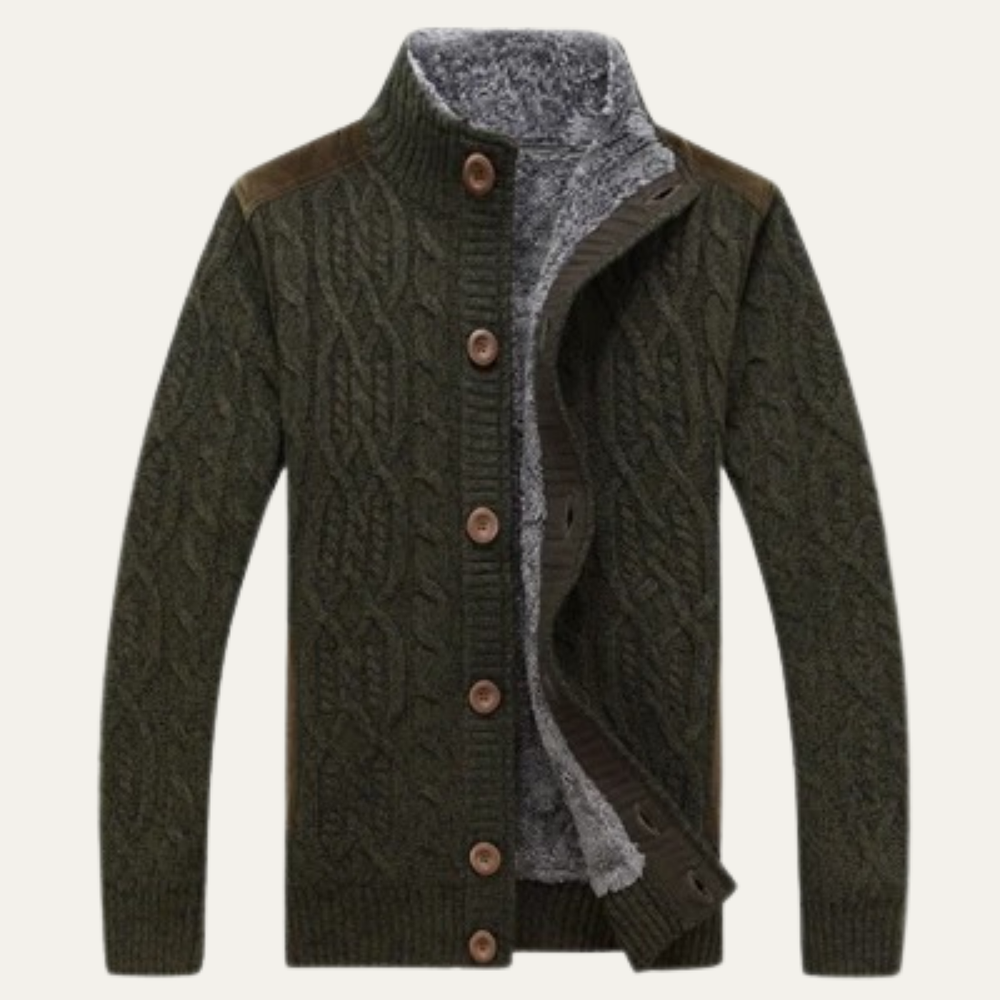 Men's Fleece-Lined Cable-Knit Cardigan, Stand-Collar Button-Through Jacket
