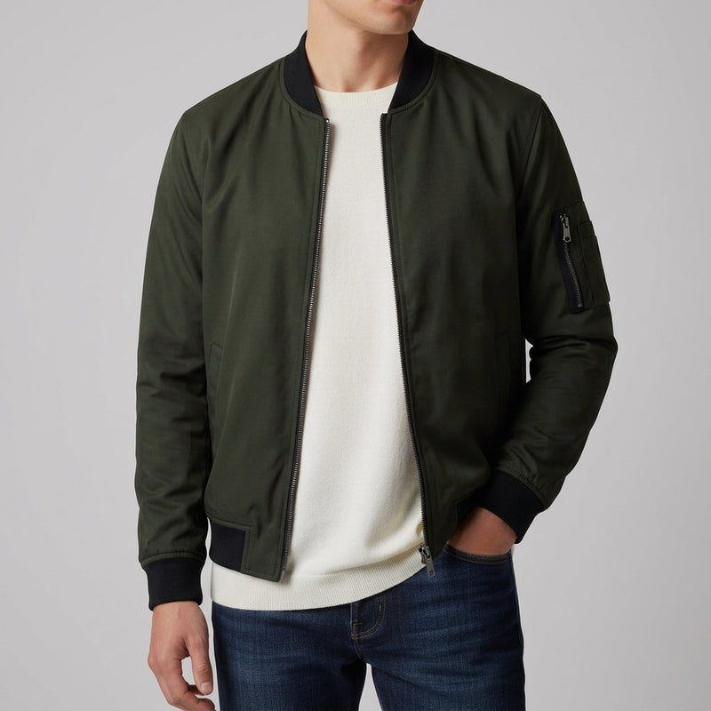 Men's Lightweight Woven Bomber Jacket, Rib Collar and Sleeve Zip