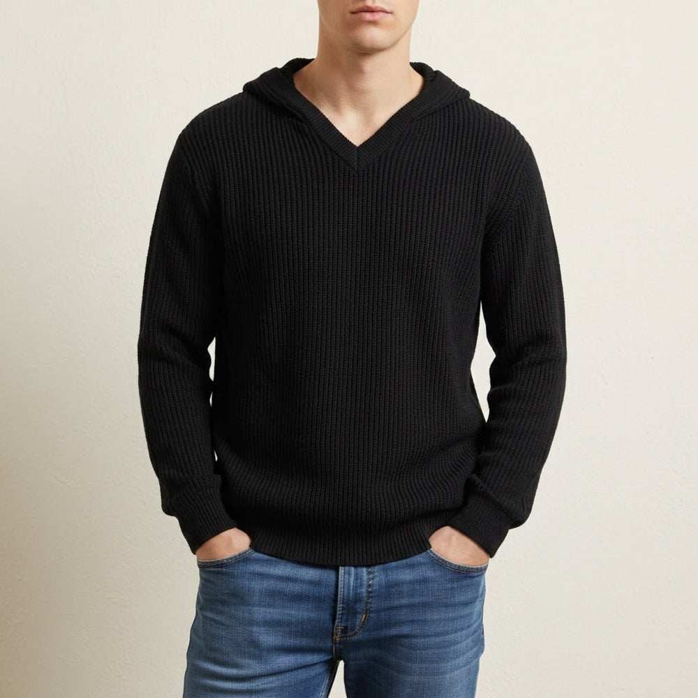 Men's Ribbed-Knit Hooded Pullover, Open V-Neck Sweater