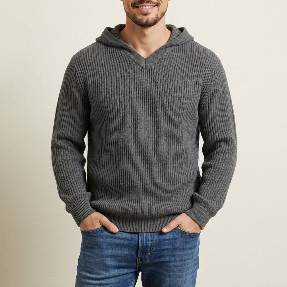 Men's Ribbed-Knit Hooded Pullover, Open V-Neck Sweater