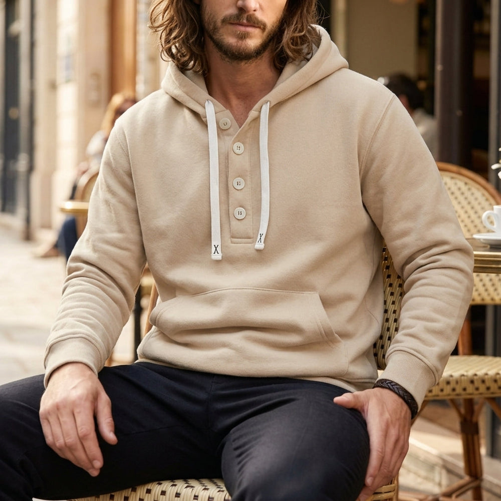 Men's Brushed Fleece Button-Neck Hoodie, Pouch-Pocket Pullover