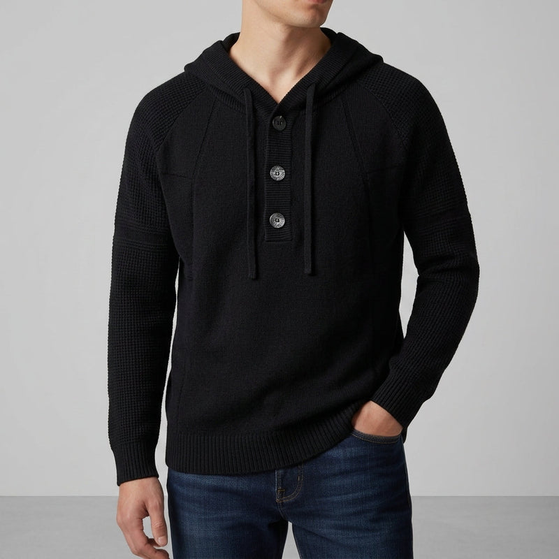 Men's Textured Knit Hooded Sweater, Three-Button Neck Pullover