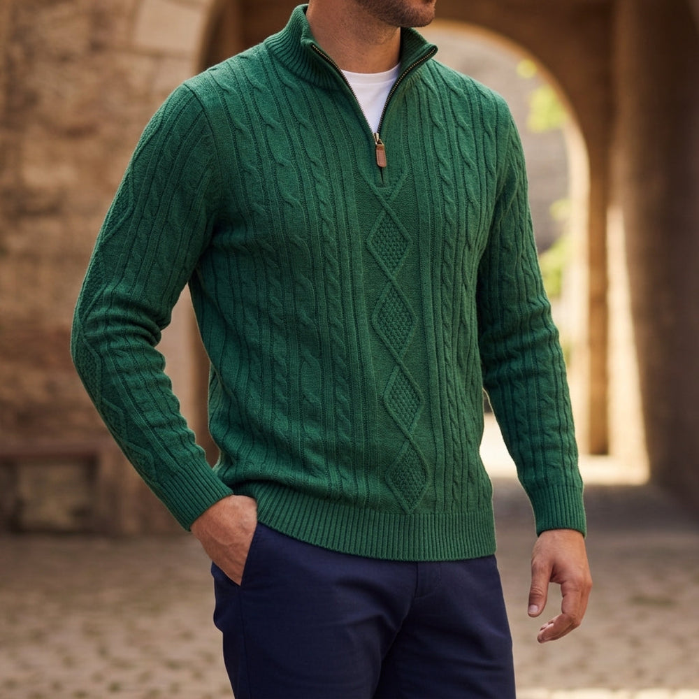 Men's Cable-and-Diamond Zip-Neck Sweater, Stand-Collar Pullover