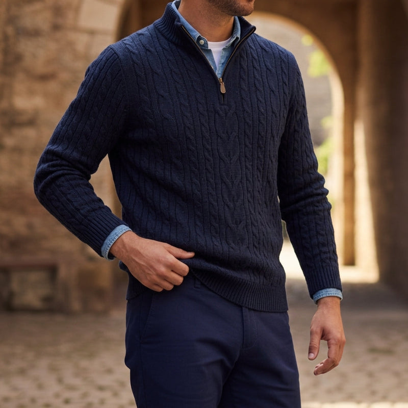 Men's Cable-and-Diamond Zip-Neck Sweater, Stand-Collar Pullover
