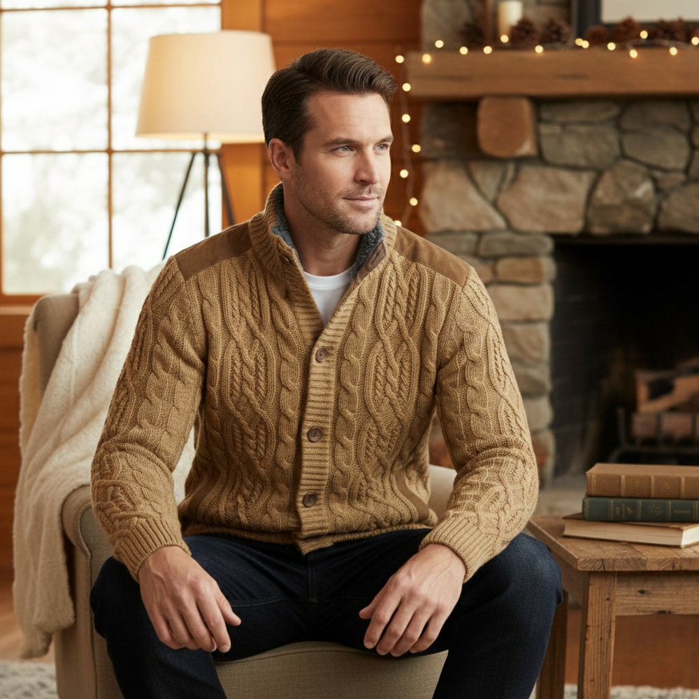Men's Fleece-Lined Cable-Knit Cardigan, Stand-Collar Button-Through Jacket