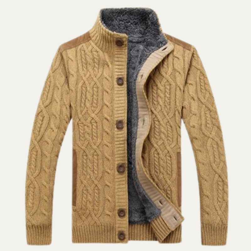 Men's Fleece-Lined Cable-Knit Cardigan, Stand-Collar Button-Through Jacket