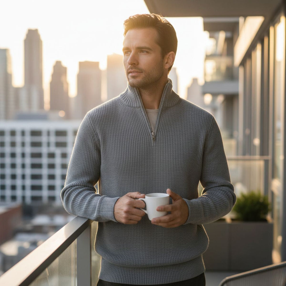 Men's Chunky Broad-Rib Quarter-Zip Sweater, Tall Stand-Collar Knit