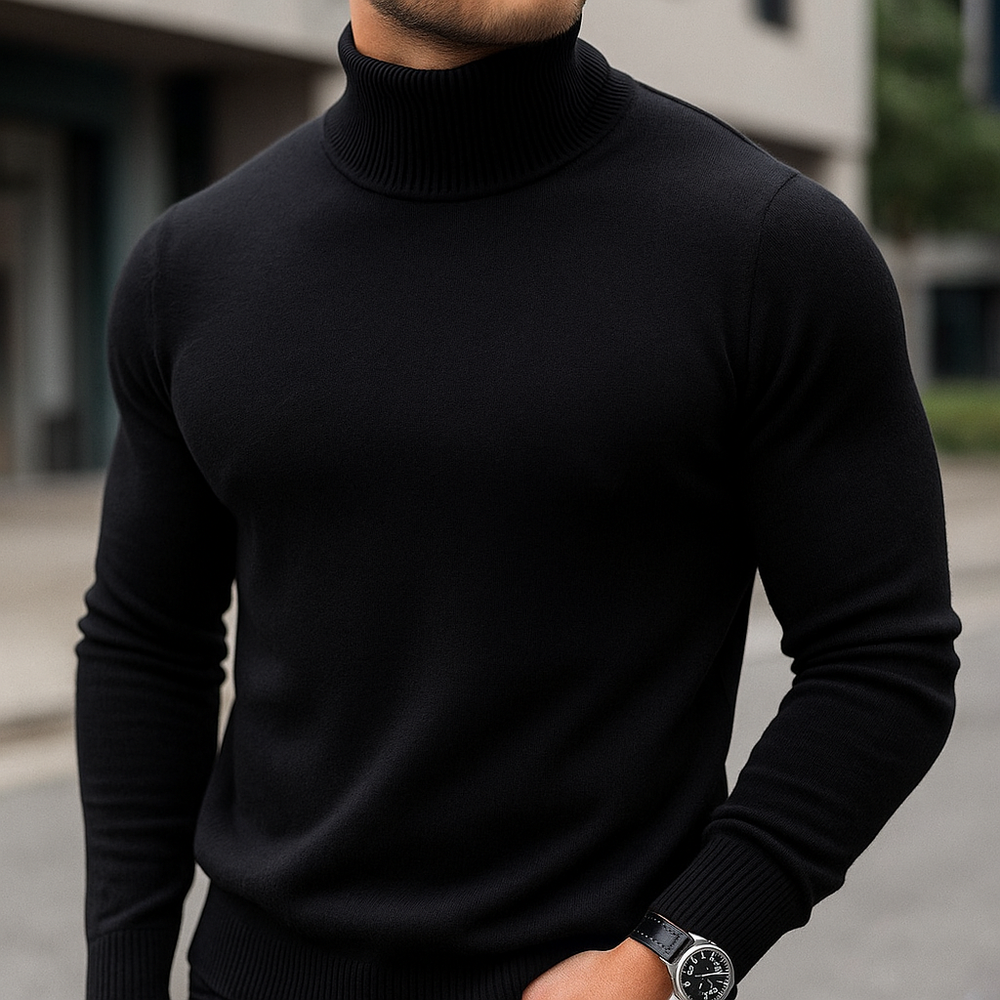 Men's Fine-Knit Roll-Neck Pullover, Slim Layering Sweater