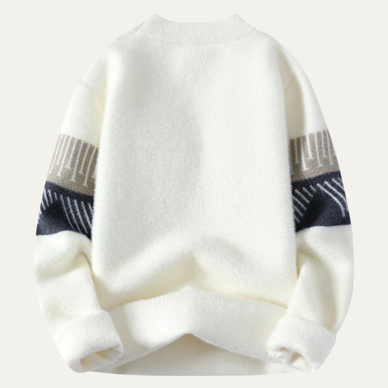 Men's Dark-Band Crewneck Sweater, Pale-Ground Brushed Knit