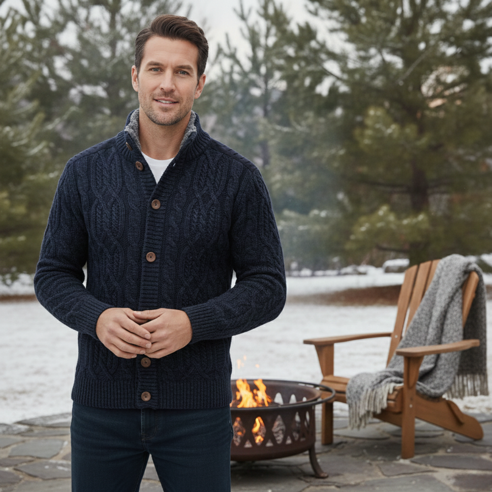 Men's Fleece-Lined Cable-Knit Cardigan, Stand-Collar Button-Through Jacket