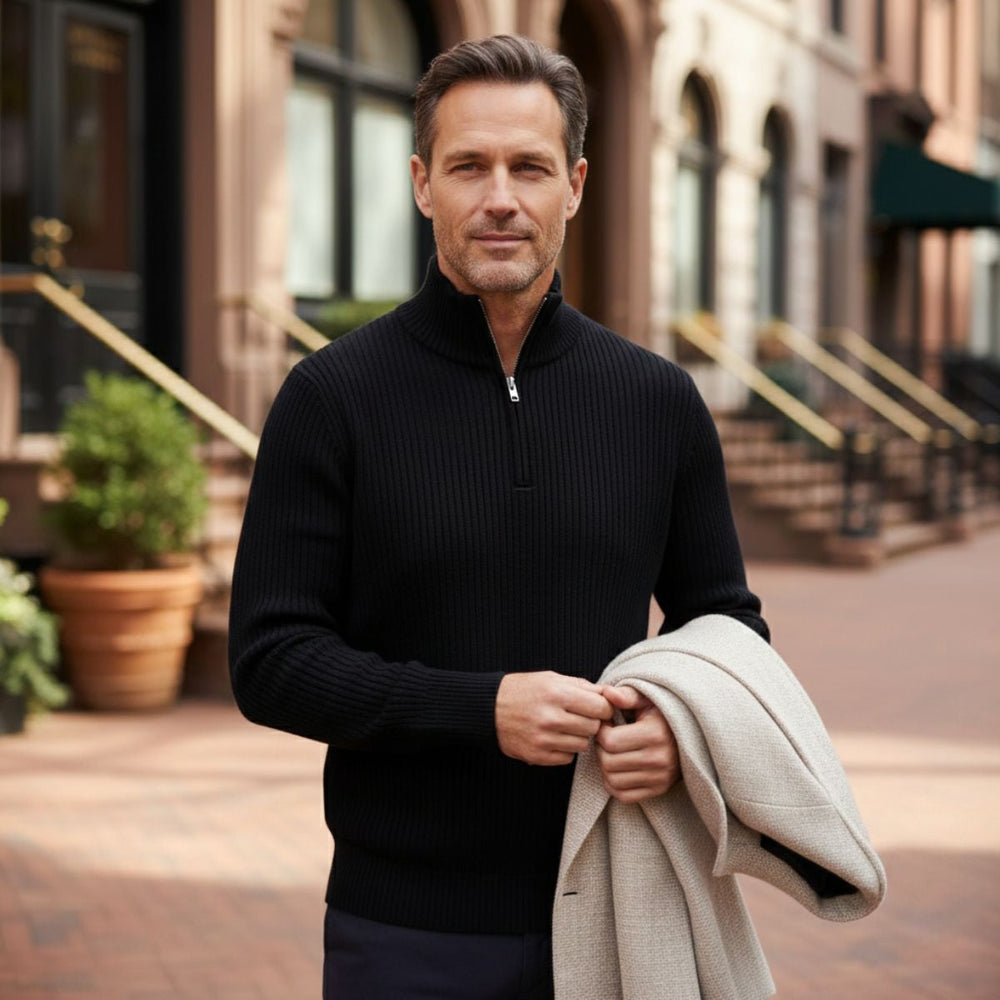 Men's Chunky Broad-Rib Quarter-Zip Sweater, Tall Stand-Collar Knit
