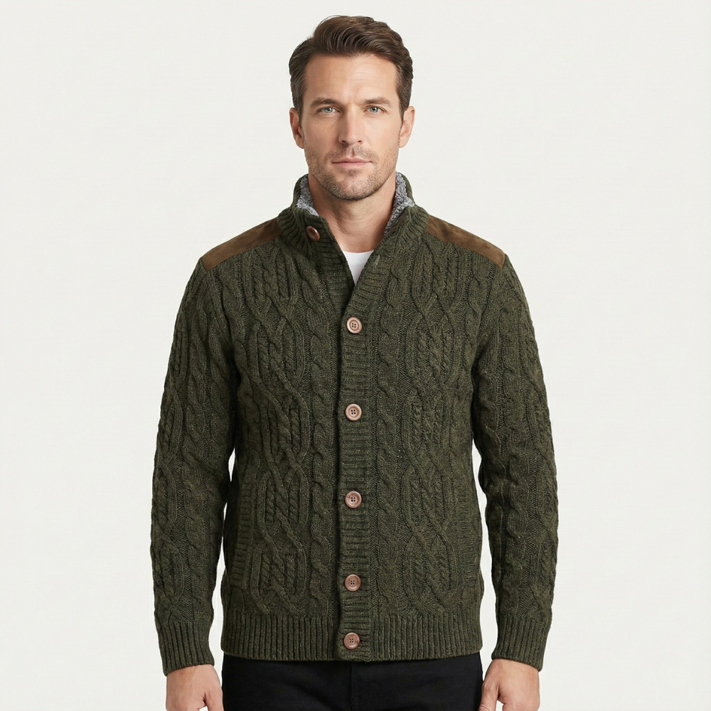 Men's Fleece-Lined Cable-Knit Cardigan, Stand-Collar Button-Through Jacket
