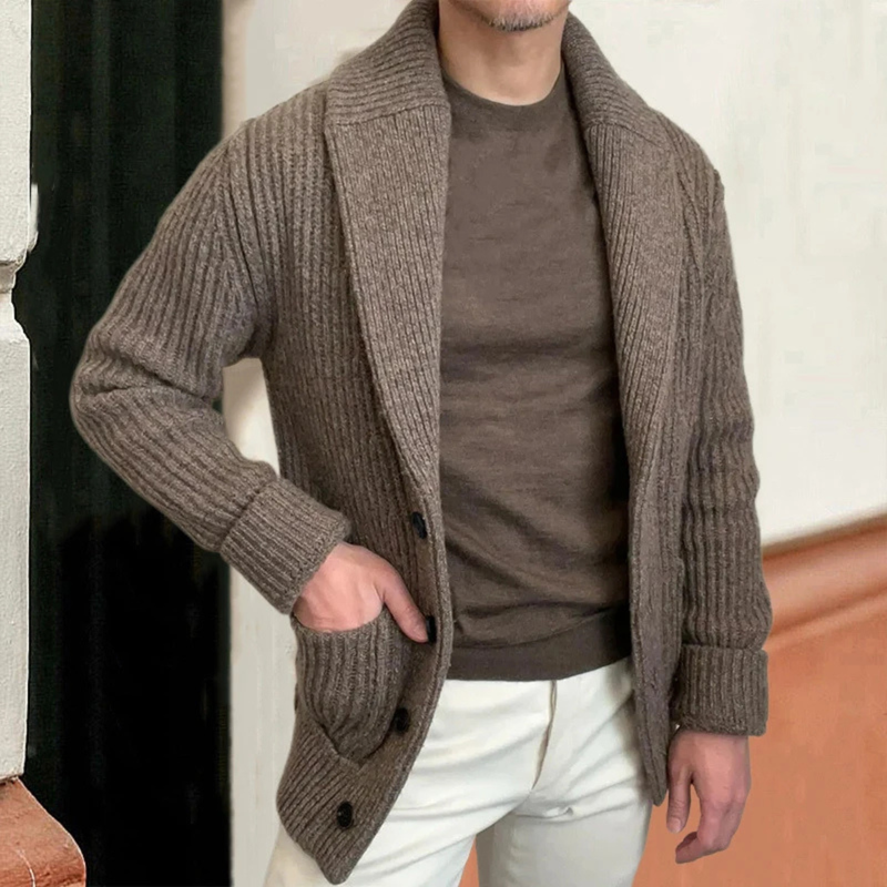 Men's Chunky Rib Shawl-Collar Cardigan, Patch-Pocket Knit Jacket