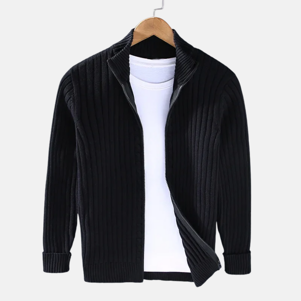 Men's Ribbed-Knit Zip-Through Cardigan, Stand-Collar Layering Sweater