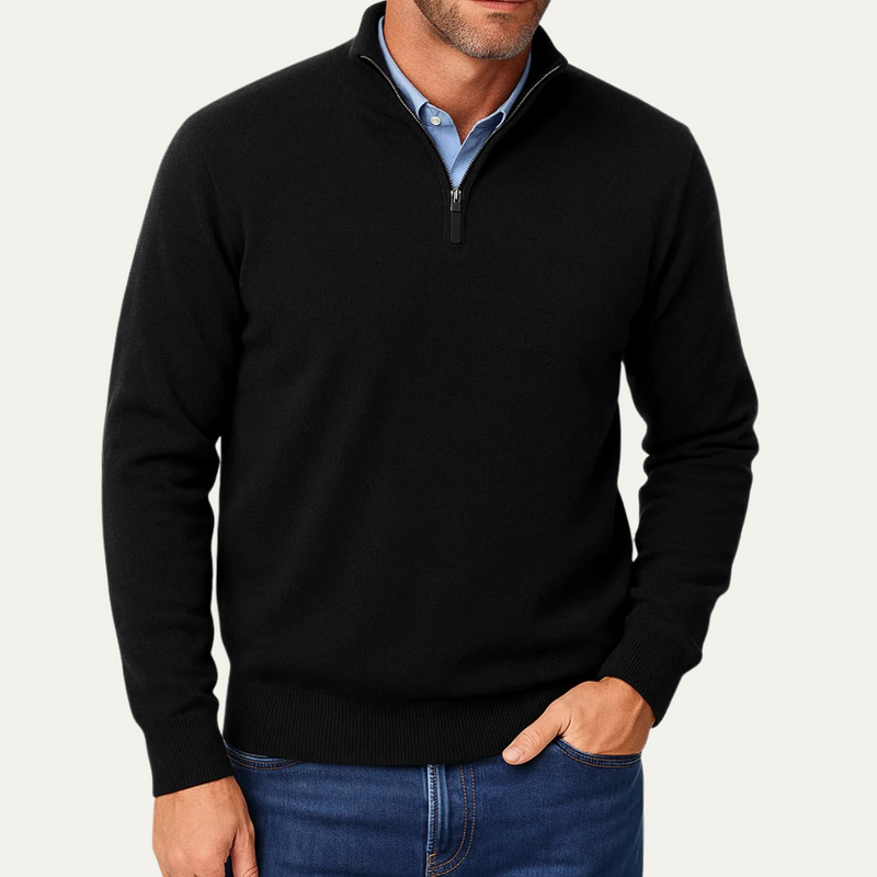 Men's Plain-Knit Quarter-Zip Sweater, Mid-Weight Stand Collar