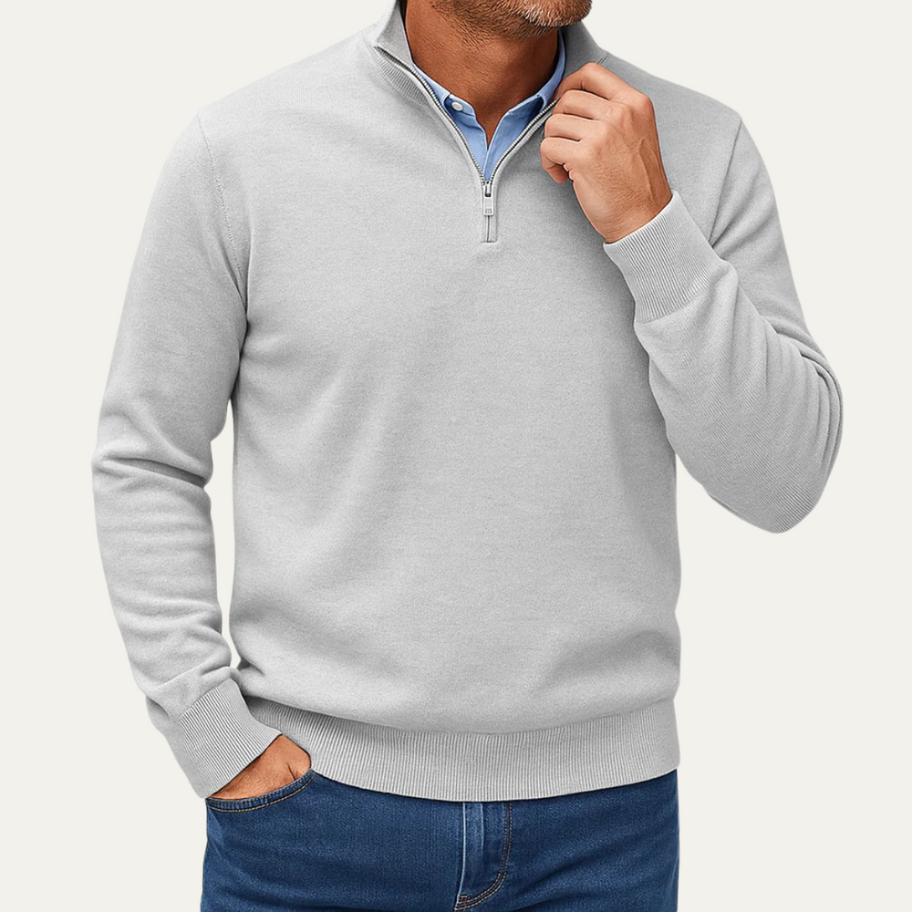 Men's Plain-Knit Quarter-Zip Sweater, Mid-Weight Stand Collar