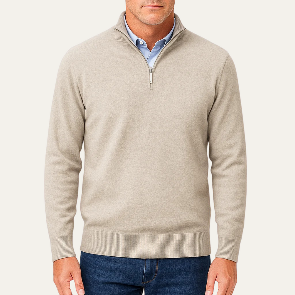 Men's Plain-Knit Quarter-Zip Sweater, Mid-Weight Stand Collar