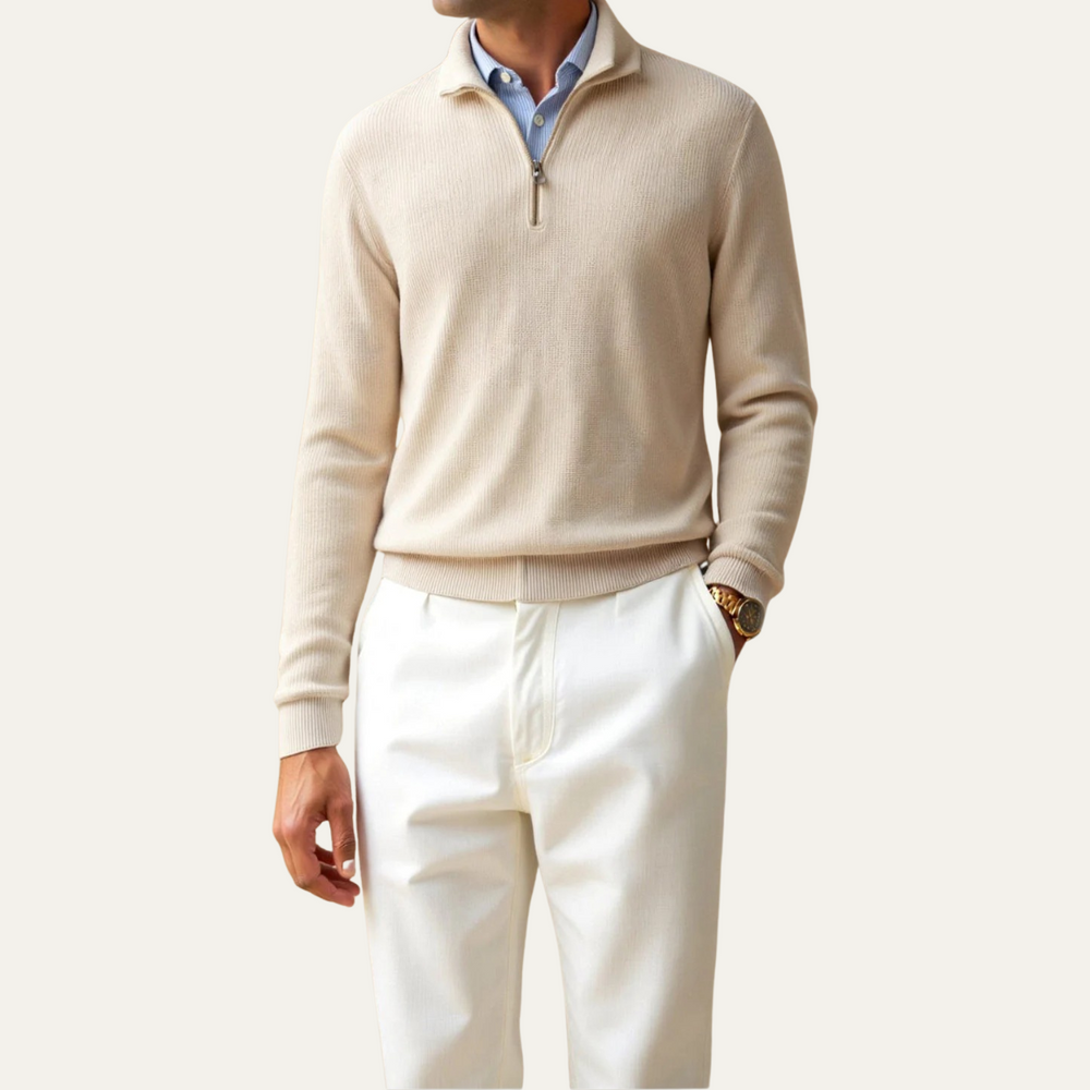 Men's Fine-Rib Quarter-Zip Sweater, Fold-Over Collar Knit