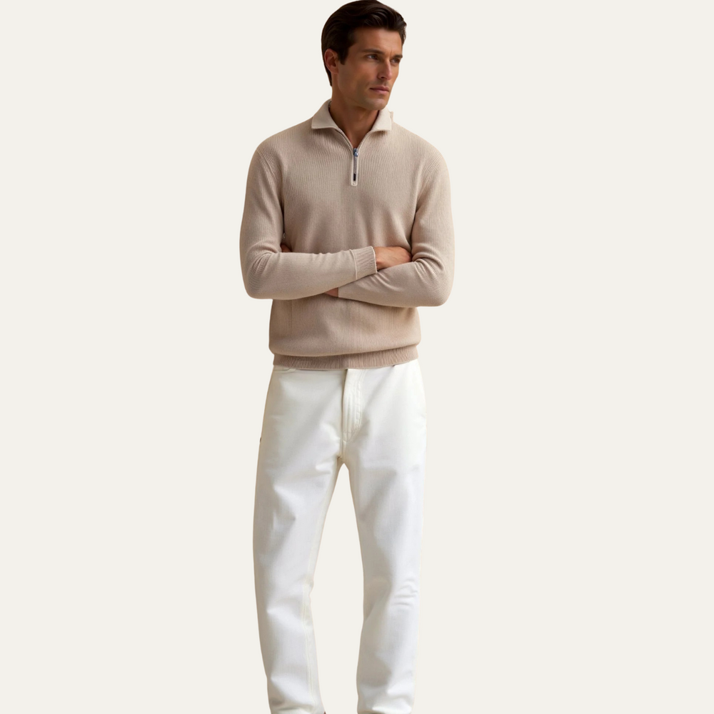 Men's Fine-Rib Quarter-Zip Sweater, Fold-Over Collar Knit