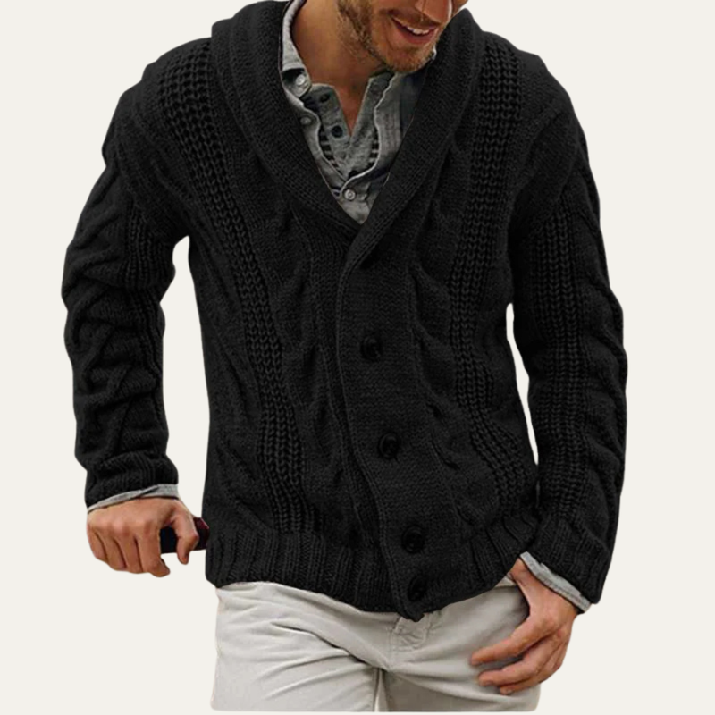 Men's Cable-Knit Shawl-Collar Cardigan, Four-Button Winter Sweater