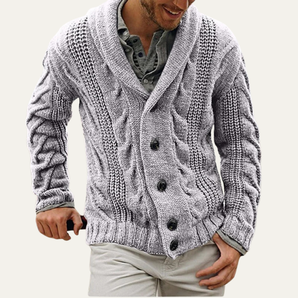 Men's Cable-Knit Shawl-Collar Cardigan, Four-Button Winter Sweater