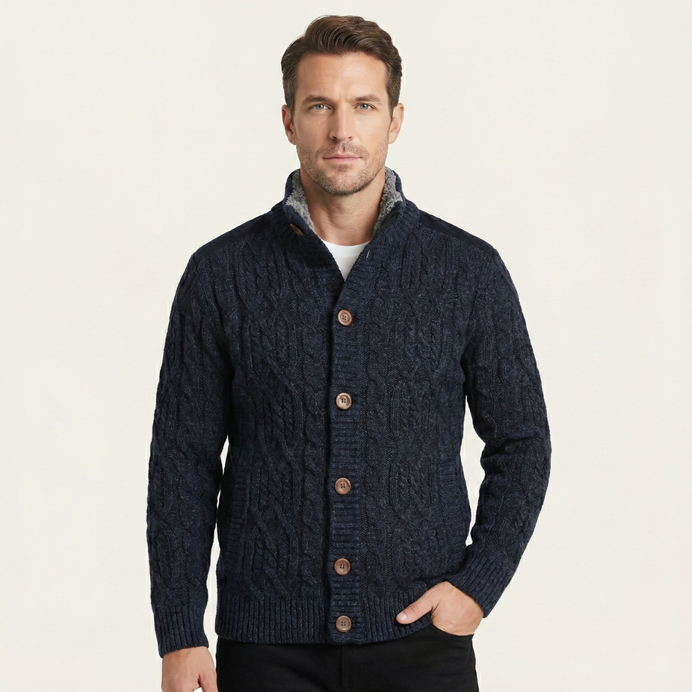 Men's Fleece-Lined Cable-Knit Cardigan, Stand-Collar Button-Through Jacket