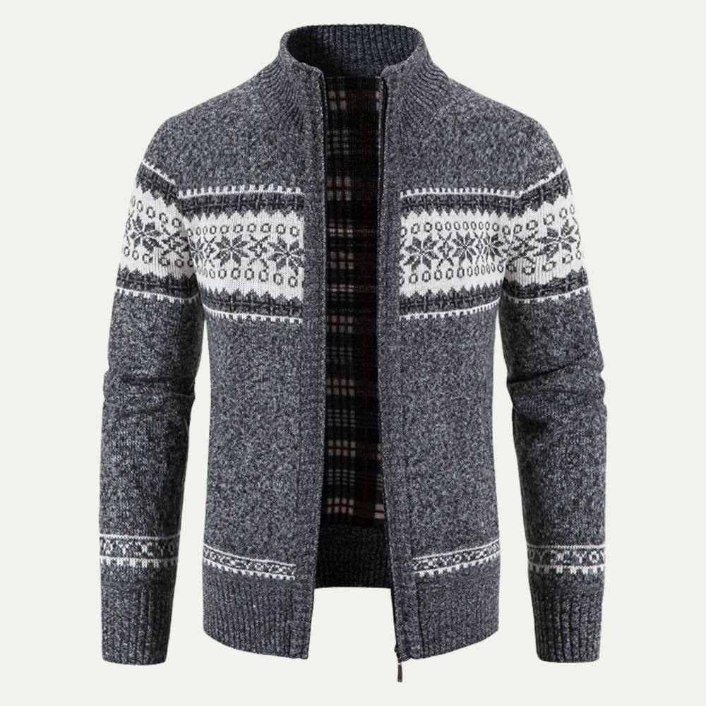 Men's Snowflake-Pattern Zip Cardigan, Stand Collar and Check Lining