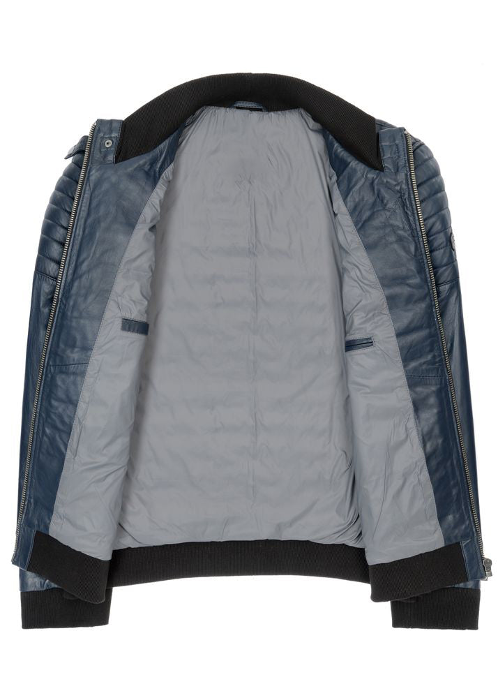 Men's Quilted Faux-Leather Bomber Jacket, Knit-Trim Zip Coat