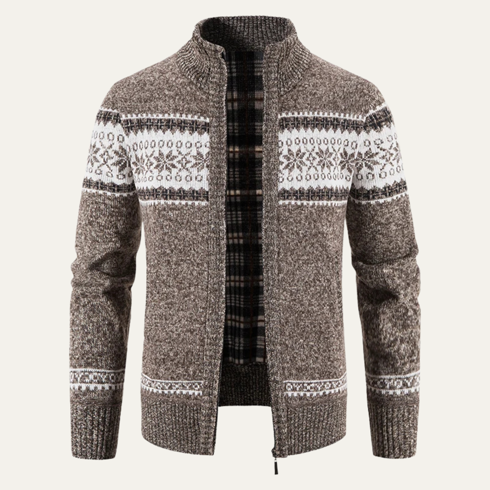 Men's Snowflake-Pattern Zip Cardigan, Stand Collar and Check Lining