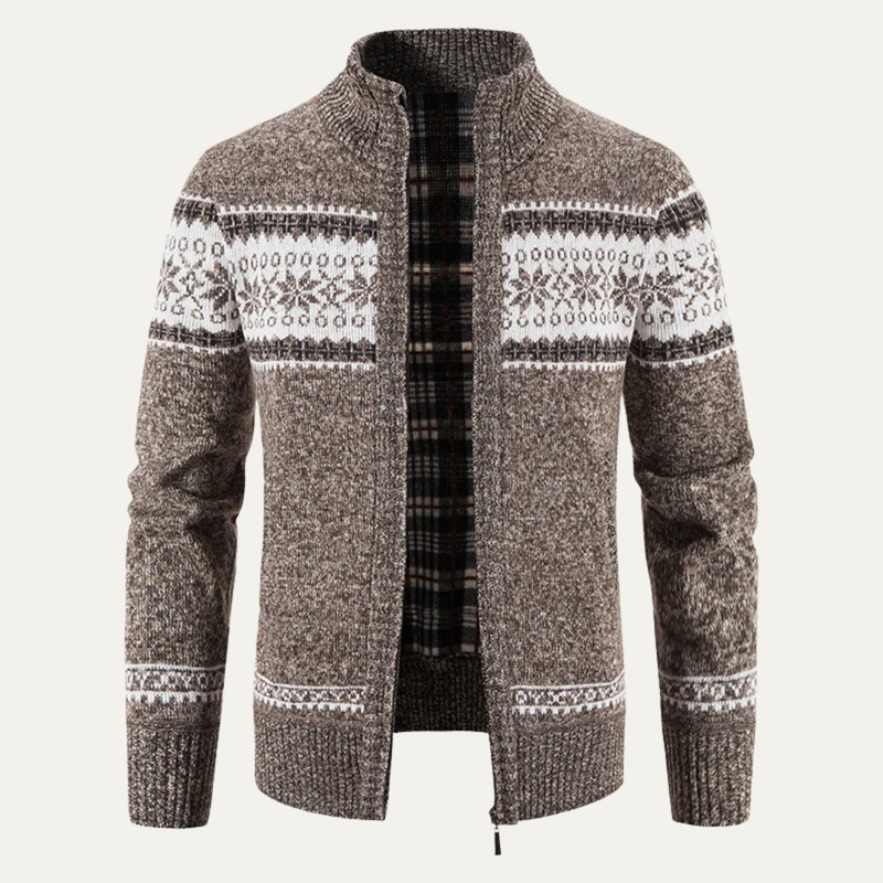 Men's Snowflake-Pattern Zip Cardigan, Stand Collar and Check Lining