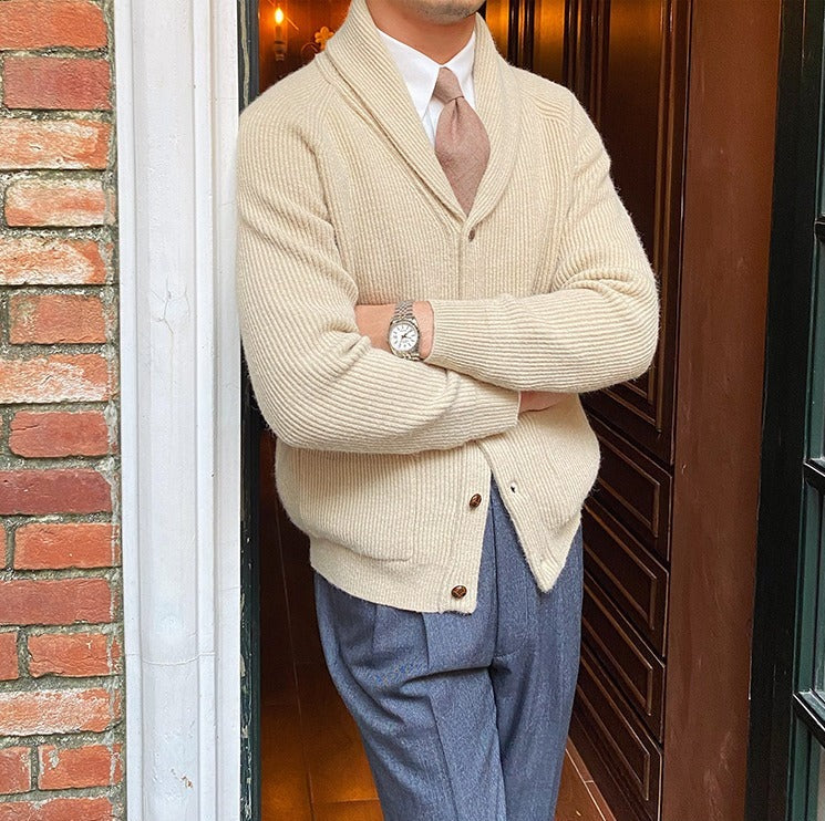 Men's Fine-Rib Shawl-Collar Cardigan, Two Patch Pockets