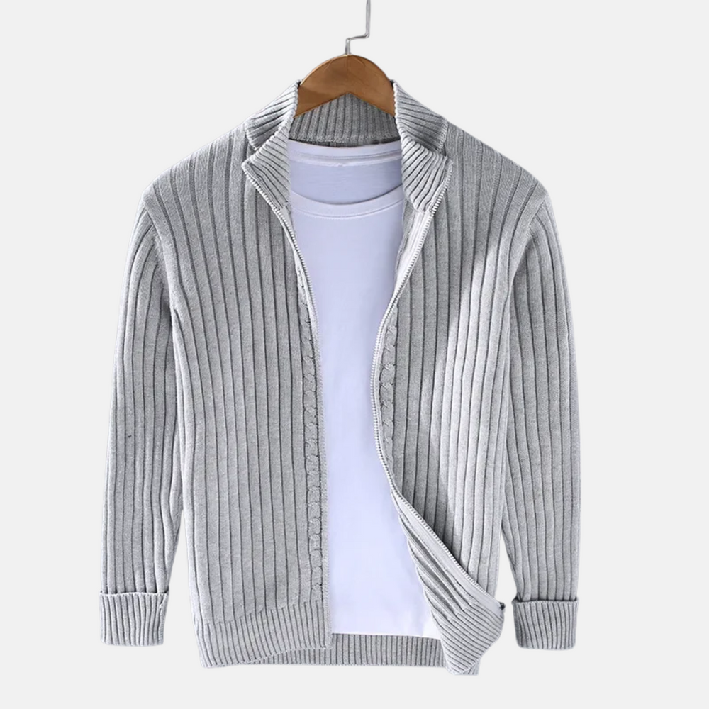 Men's Ribbed-Knit Zip-Through Cardigan, Stand-Collar Layering Sweater