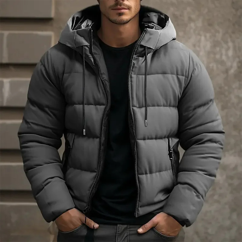 Men's Hip-Length Hooded Puffer Jacket, Drawcord Hood