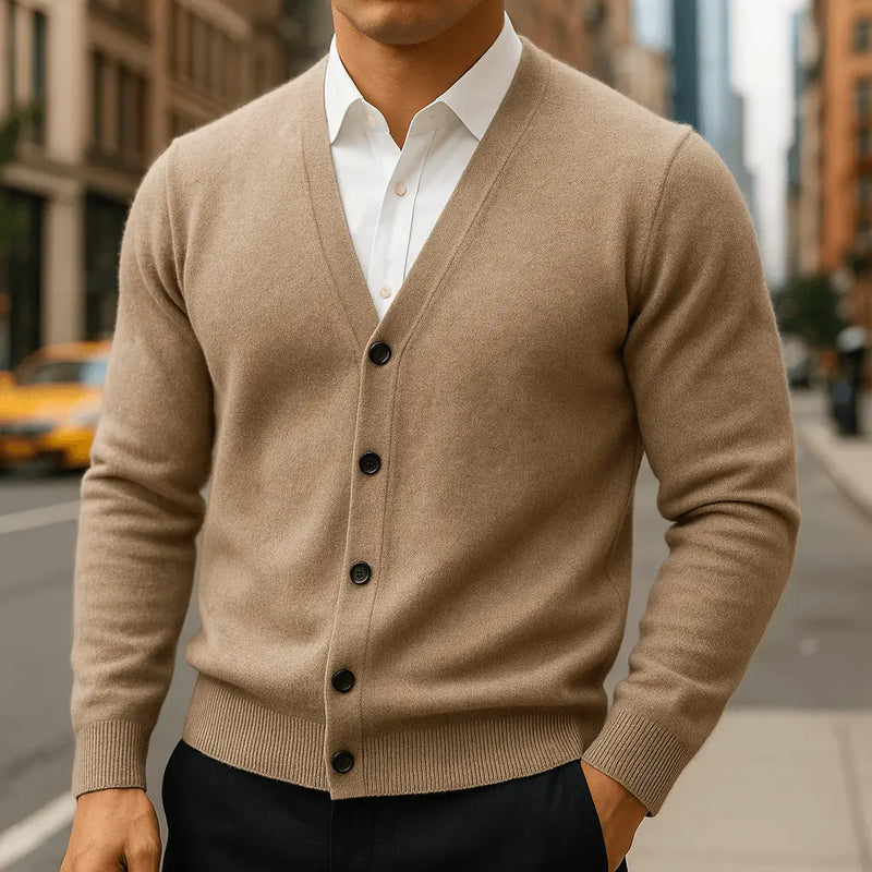 Men's Ribbed V-Neck Button-Through Cardigan, Winter Open-Front Knit