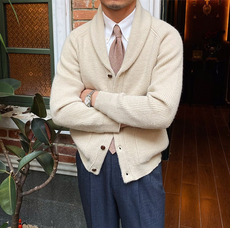Men's Fine-Rib Shawl-Collar Cardigan, Two Patch Pockets
