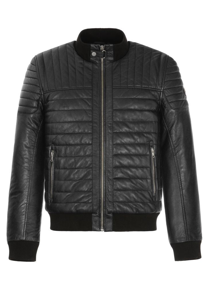 Men's Quilted Faux-Leather Bomber Jacket, Knit-Trim Zip Coat