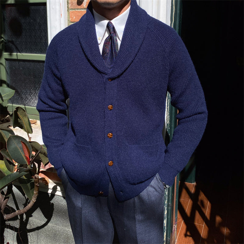 Men's Fine-Rib Shawl-Collar Cardigan, Two Patch Pockets