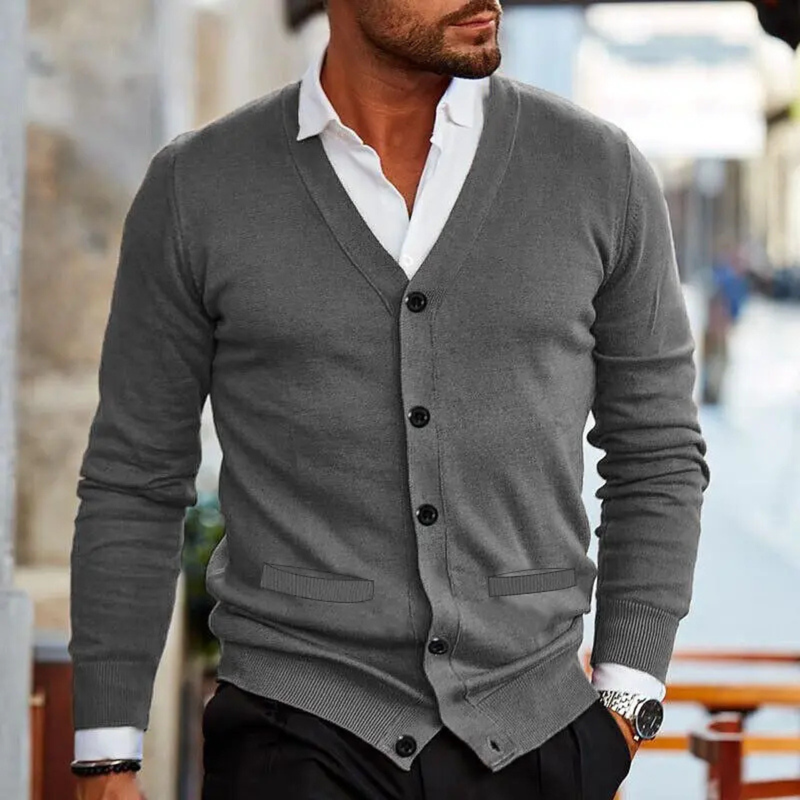 Men's Ribbed V-Neck Cardigan Top, Mid-Weight Button Knit