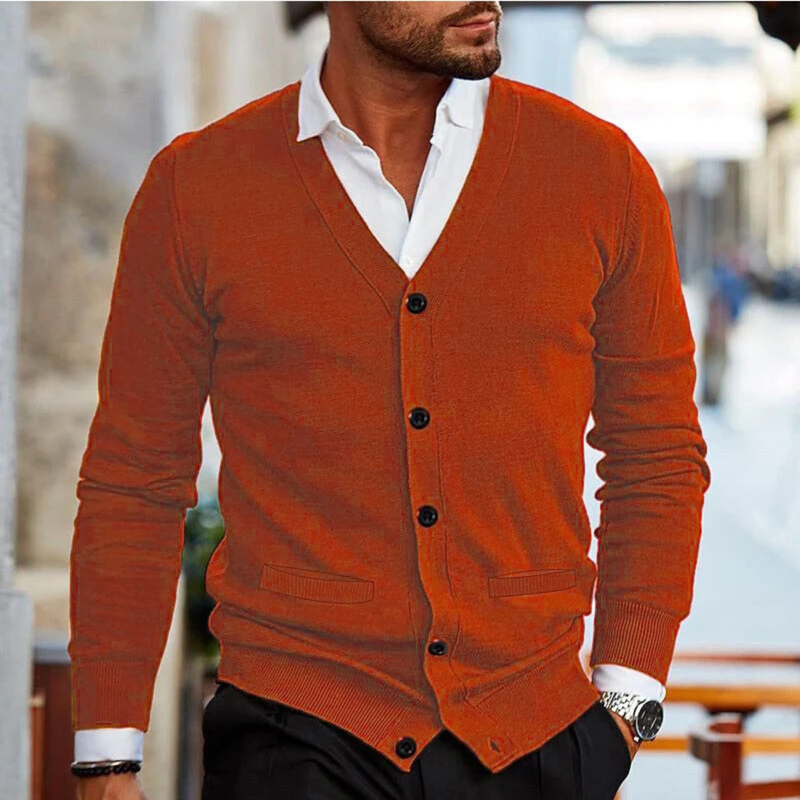 Men's Fine-Knit V-Neck Cardigan, Six-Button Slit-Pocket Sweater