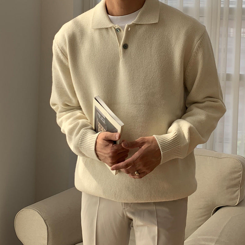 Men's Brushed-Knit Polo Sweater, Wide-Collar Relaxed Pullover