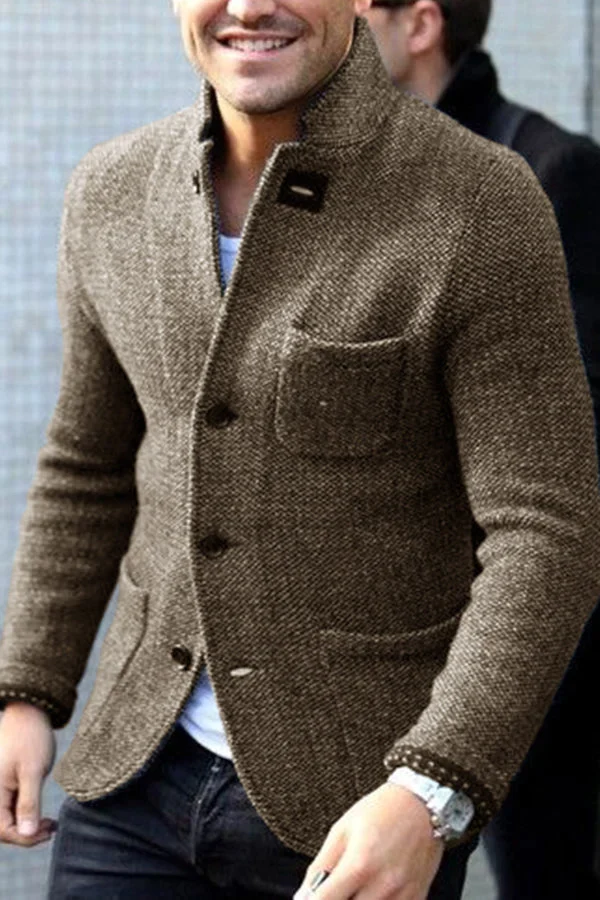 Men's Textured Knit Blazer Jacket, Stand Collar and Three Patch Pockets