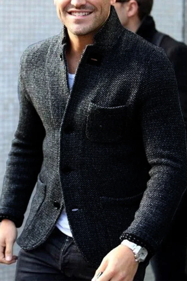 Men's Textured Knit Blazer Jacket, Stand Collar and Three Patch Pockets