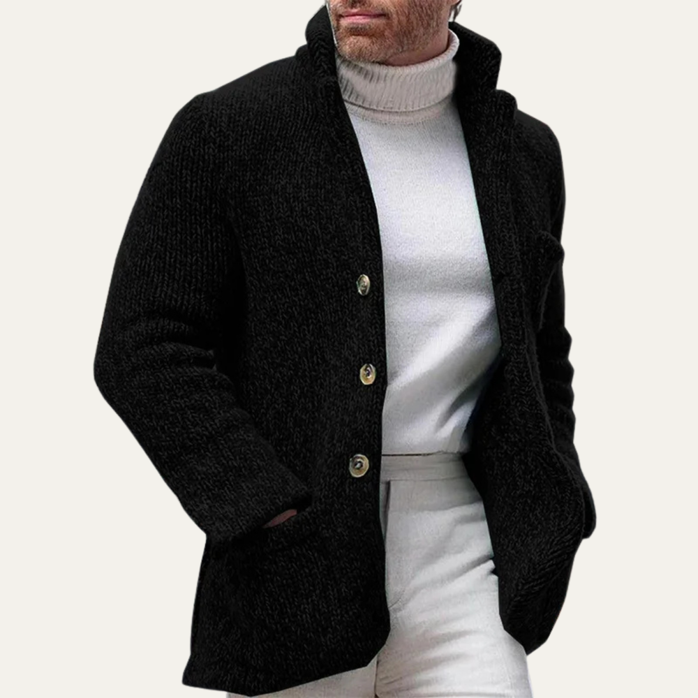 Men's Flecked-Knit Collared Cardigan, Five-Button Patch-Pocket Jacket